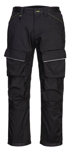 Portwest PW3 Harness Trousers in black with yellow stitching on pockets and button fastening, reflective piping on flaps of pockets on front, knee pad patches, D-ring loop on waistband with belt loops. 