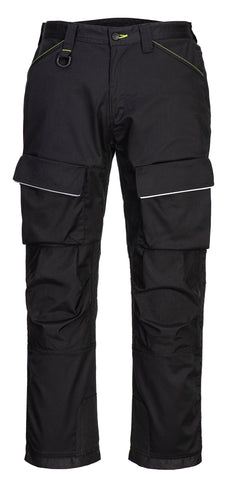 Portwest PW3 Harness Trousers in black with yellow stitching on pockets and button fastening, reflective piping on flaps of pockets on front, knee pad patches, D-ring loop on waistband with belt loops.