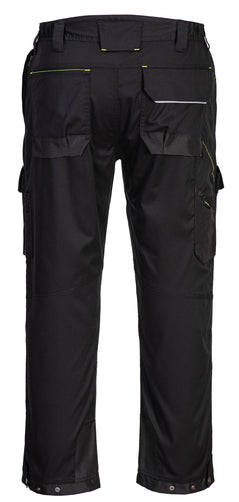 Back of Portwest PW3 Harness Trousers in black with yellow stitching on pockets, reflective piping on flaps of pockets on bottom and waistband with belt loops. 