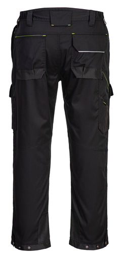 Back of Portwest PW3 Harness Trousers in black with yellow stitching on pockets, reflective piping on flaps of pockets on bottom and waistband with belt loops.