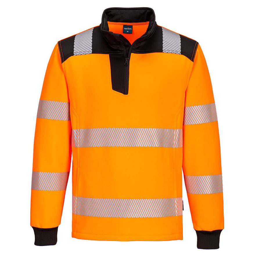 Portwest PW3 Hi-Vis Quarter Zip Sweatshirt in orange with black panels on shoulder, plackett, collar and elasticated cuffs on sleeves. Reflective strips on body, arms and shoulders.