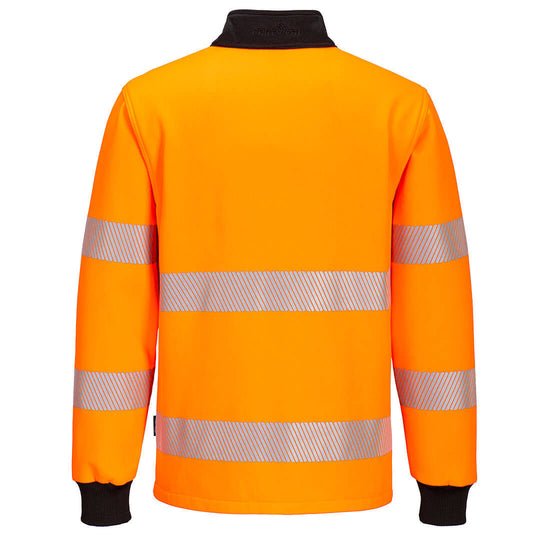 Back of Portwest PW3 Hi-Vis Quarter Zip Sweatshirt in orange with black panels on collar and elasticated cuffs on sleeves. Reflective strips on body and arms. 