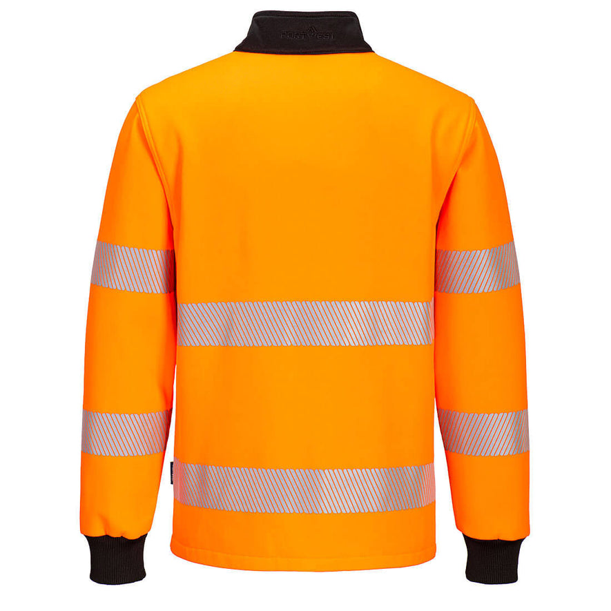 Back of Portwest PW3 Hi-Vis Quarter Zip Sweatshirt in orange with black panels on collar and elasticated cuffs on sleeves. Reflective strips on body and arms. 