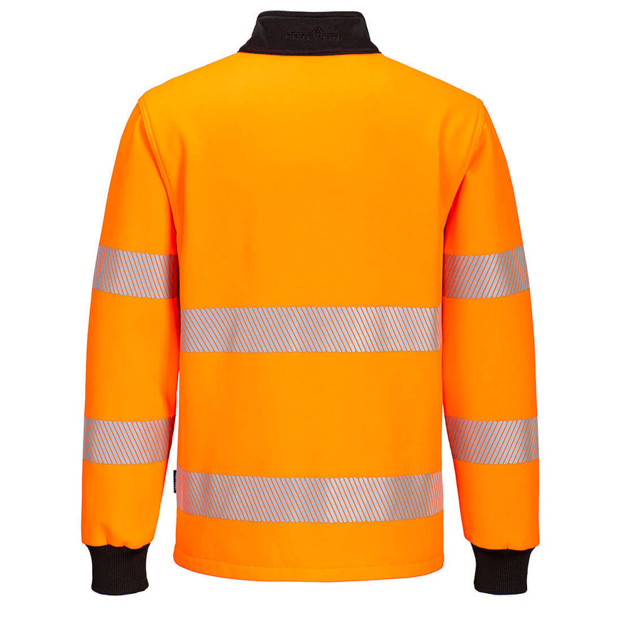 Back of Portwest PW3 Hi-Vis Quarter Zip Sweatshirt in orange with black panels on collar and elasticated cuffs on sleeves. Reflective strips on body and arms.