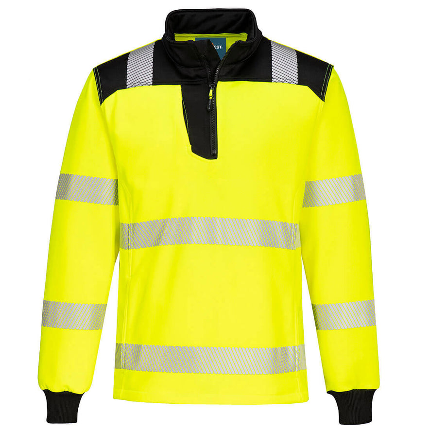 Portwest PW3 Hi-Vis Quarter Zip Sweatshirt in yellow with black panels on shoulder, plackett, collar and elasticated cuffs on sleeves. Reflective strips on body, arms and shoulders.