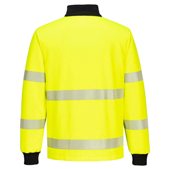 Back of Portwest PW3 Hi-Vis Quarter Zip Sweatshirt in yellow with black panels on collar and elasticated cuffs on sleeves. Reflective strips on body and arms. 