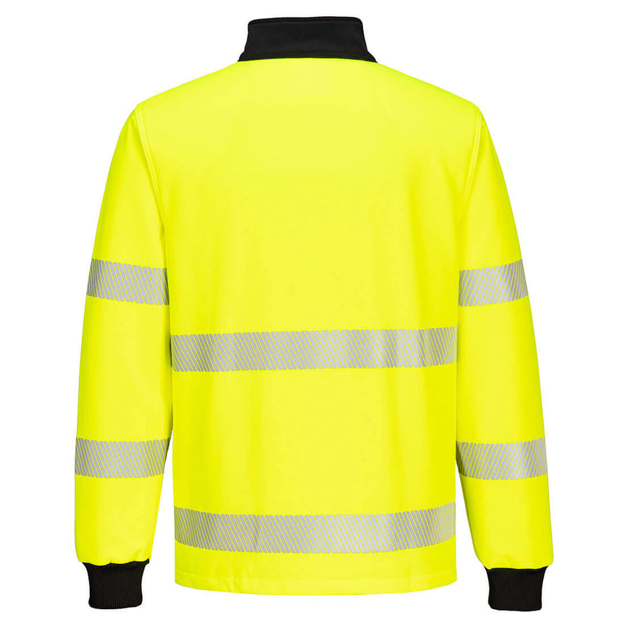 Back of Portwest PW3 Hi-Vis Quarter Zip Sweatshirt in yellow with black panels on collar and elasticated cuffs on sleeves. Reflective strips on body and arms.