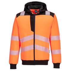 Portwest PW3 Hi-Vis Zip Hoodie in orange with black full zip, plackett, shoulders, hood, elasticated cuffs and elasticated bottom. Reflective strips on shoulders, body and arms.