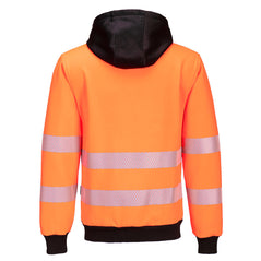 Back of Portwest PW3 Hi-Vis Zip Hoodie in orange with black hood, elasticated cuffs and elasticated bottom. Reflective strips on body and arms.