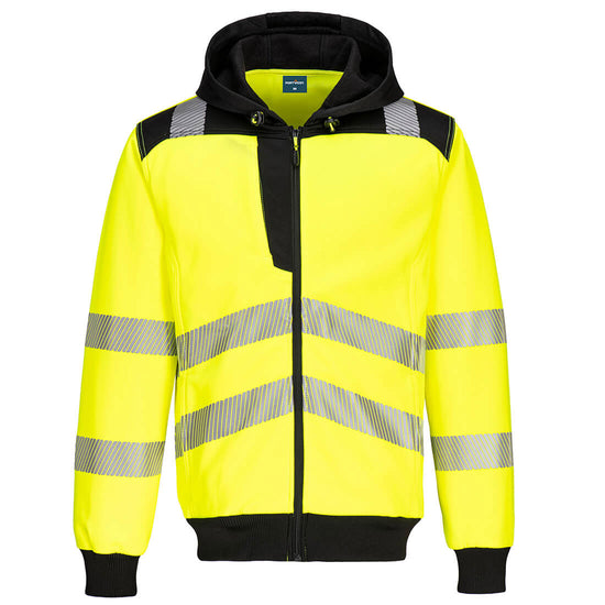 Portwest PW3 Hi-Vis Zip Hoodie in yellow with black full zip, plackett, shoulders, hood, elasticated cuffs and elasticated bottom. Reflective strips on shoulders, body and arms.
