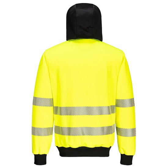 Back of Portwest PW3 Hi-Vis Zip Hoodie in yellow with black hood, elasticated cuffs and elasticated bottom. Reflective strips on body and arms.