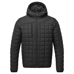 Portwest PW3 Square Baffle Jacket in black with square padded panels on body, hood and arms, full zip fastening and zip pockets on chest and two on lower front.