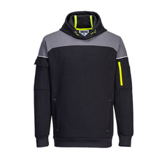 Portwest PW3 Pullover Hoodie in black with hood and grey panel across shoulders. Pockets on lower front, arm and yellow zipped pocket on arm.