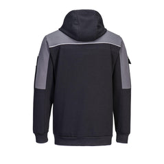Back of Portwest PW3 Pullover Hoodie in black with hood and grey panel across shoulders and arms. 