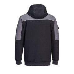 Back of Portwest PW3 Pullover Hoodie in black with hood and grey panel across shoulders and arms.