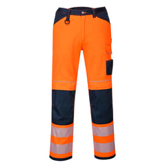 PW3 Hi-Vis work trouser in Orange with Navy contrast on the belt and pocket area as well as the kneepad pocket area. Trousers have pockets, belt loops, knee pad pockets. Trousers have hi vis bands on the ankles.