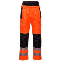 Orange PW3 Hi-Vis extreme rain Trouser with reflective strips on the ankles and Black contrast on the kneepad area as well as inner and side of the pockets. Trousers have zip side pockets and kneepad pockets.