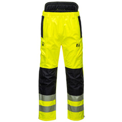 Yellow PW3 Hi-Vis extreme rain Trouser with reflective strips on the ankles and Black contrast on the kneepad area as well as inner and side of the pockets. Trousers have zip side pockets and kneepad pockets.