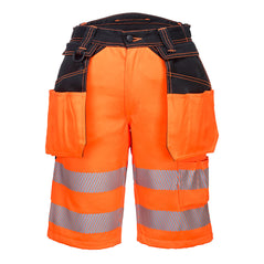 PW3 Hi-Vis Class Holster shorts in Orange with black contrast on the belt and pocket area. Shorts have pockets, belt loops and holster style pockets. Hi vis bands on the lower leg of the shorts.