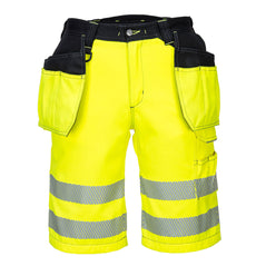 PW3 Hi-Vis Class Holster shorts in Yellow with black contrast on the belt and pocket area. Shorts have pockets, belt loops and holster style pockets. Hi vis bands on the lower leg of the shorts.