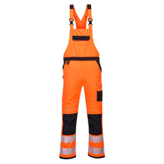 Orange PW3 hi vis bib and brace with black contrast on the chest pocket area of bib and brace as well as the ankles and knee pads. Hi vis bands on the ankles and a large chest pocket.
