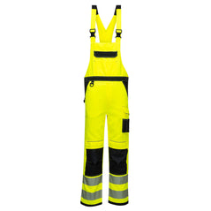 Yellow PW3 hi vis bib and brace with black contrast on the chest pocket area of bib and brace as well as the ankles and knee pads. Hi vis bands on the ankles and a large chest pocket.
