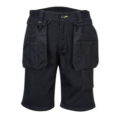 Black Portwest PW3 Holster work shorts. Shorts have holster pockets with a d loop and yellow stitching.