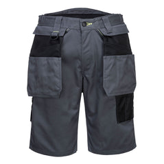 Zoom Grey Portwest PW3 Holster work shorts. Shorts have holster pockets with a d loop and yellow stitching. Shorts have black contrast on the top of pockets and lower small pocket.