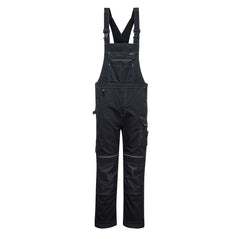 Black PW3 work bib and brace with large chest pocket and visible tool loops on the legs. Bib and brace has white trim on the stitching for contrast through out. Brace also has knee pad pockets.