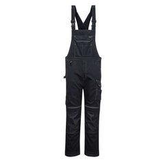 Black PW3 work bib and brace with large chest pocket and visible tool loops on the legs. Bib and brace has white trim on the stitching for contrast through out. Brace also has knee pad pockets.