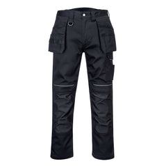 Black PW3 cotton work holster trouser. Trouser has white contrast lines on the mid of the trouser. Kneepad pockets and holster pockets with a d ring loop.