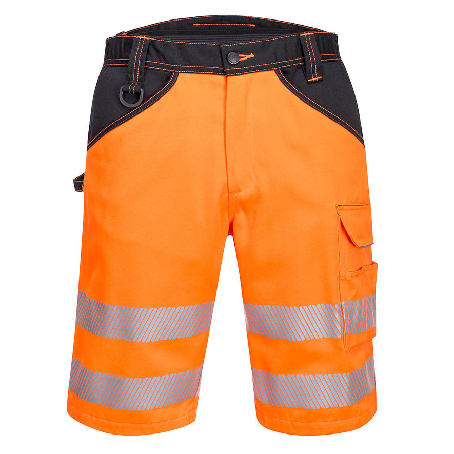 PW3 Hi-Vis Shorts in Orange with black contrast on the belt and pocket area. Shorts have pockets, belt loops. Hi vis bands on the lower leg of the shorts.