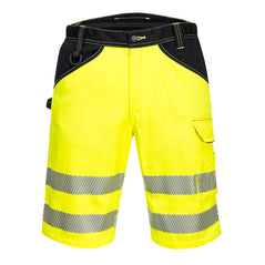 PW3 Hi-Vis Shorts in Yellow with black contrast on the belt and pocket area. Shorts have pockets, belt loops. Hi vis bands on the lower leg of the shorts.