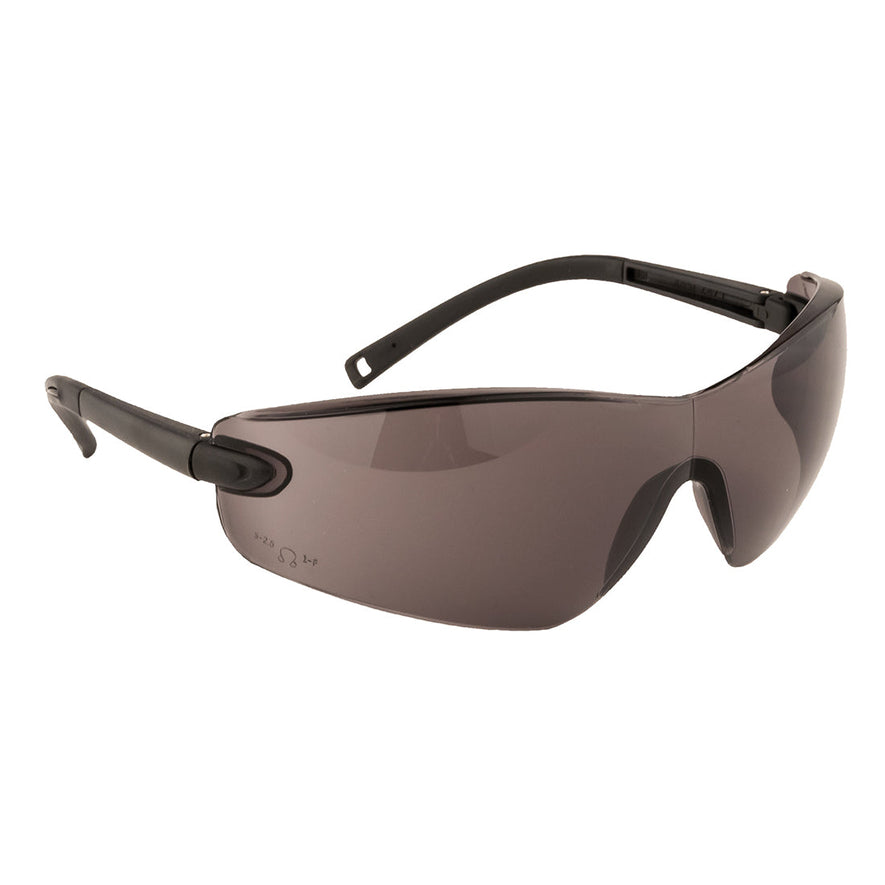 Portwest profile safety spectacle. Specs have black arms and smoke lens.