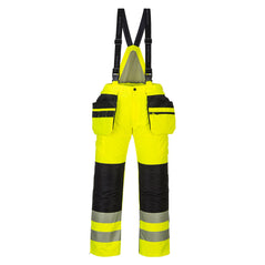 Yellow PW3 Hi-Vis Winter trouser. Trousers have holster pockets on the legs and reflective stripes on ankles. Trousers have black contrast on the knee pad pocket area, Holster pockets and on the brace straps. Trousers have high back on the trouser to protect from rear splashing.