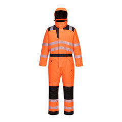 Portwest PW3 Hi Vis Winter coverall. Coverall is in Orange with black accents on the bottom of the legs, kneepad area, belt line and shoulders. Coverall has hi vis waistbands, Arm bands and ankle bands. Leg pockets, Chest pocket, kneepad pockets and zip fasten. Coverall has a hood to protect from weather.