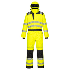 Portwest PW3 Hi Vis Winter coverall. Coverall is in Yellow with black accents on the bottom of the legs, kneepad area, belt line and shoulders. Coverall has hi vis waistbands, Arm bands and ankle bands. Leg pockets, Chest pocket, kneepad pockets and zip fasten. Coverall has a hood to protect from weather.