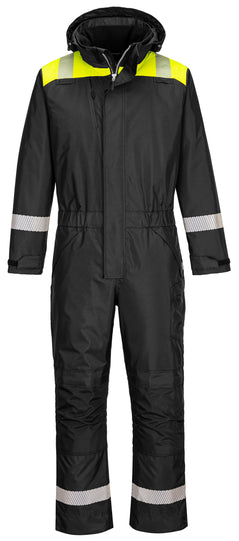 Portwest PW3 Winter Coverall in black with full zip on front with concealing flap. Hood with fluorescent yellow panel on shoulders, reflective strips on shoulders, arms and ankles. 