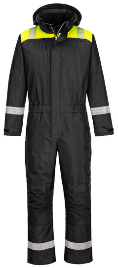 Portwest PW3 Winter Coverall in black with full zip on front with concealing flap. Hood with fluorescent yellow panel on shoulders, reflective strips on shoulders, arms and ankles.