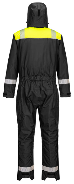 Back of Portwest PW3 Winter Coverall in black with hood with fluorescent yellow panel on shoulders, reflective strips on shoulders, arms and ankles. Elasticated waist on back.