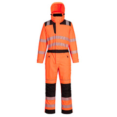 Portwest PW3 Hi-Vis Rain Coverall in orange with black panels on shoulders, waistband, knees and ankles. With hood, zipped pockets on hips and reflective strips on shoulders, body, arms and legs. Full zip fastening with concealing flap.