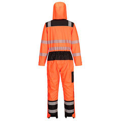 Back of Portwest PW3 Hi-Vis Rain Coverall in orange with black panels on shoulders, waistband and ankles. With hood and reflective strips on shoulders, body, arms and legs.