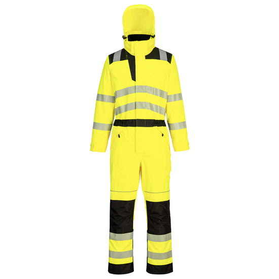 Portwest PW3 Hi-Vis Rain Coverall in yellow with black panels on shoulders, waistband, knees and ankles. With hood, zipped pockets on hips and reflective strips on shoulders, body, arms and legs. Full zip fastening with concealing flap.