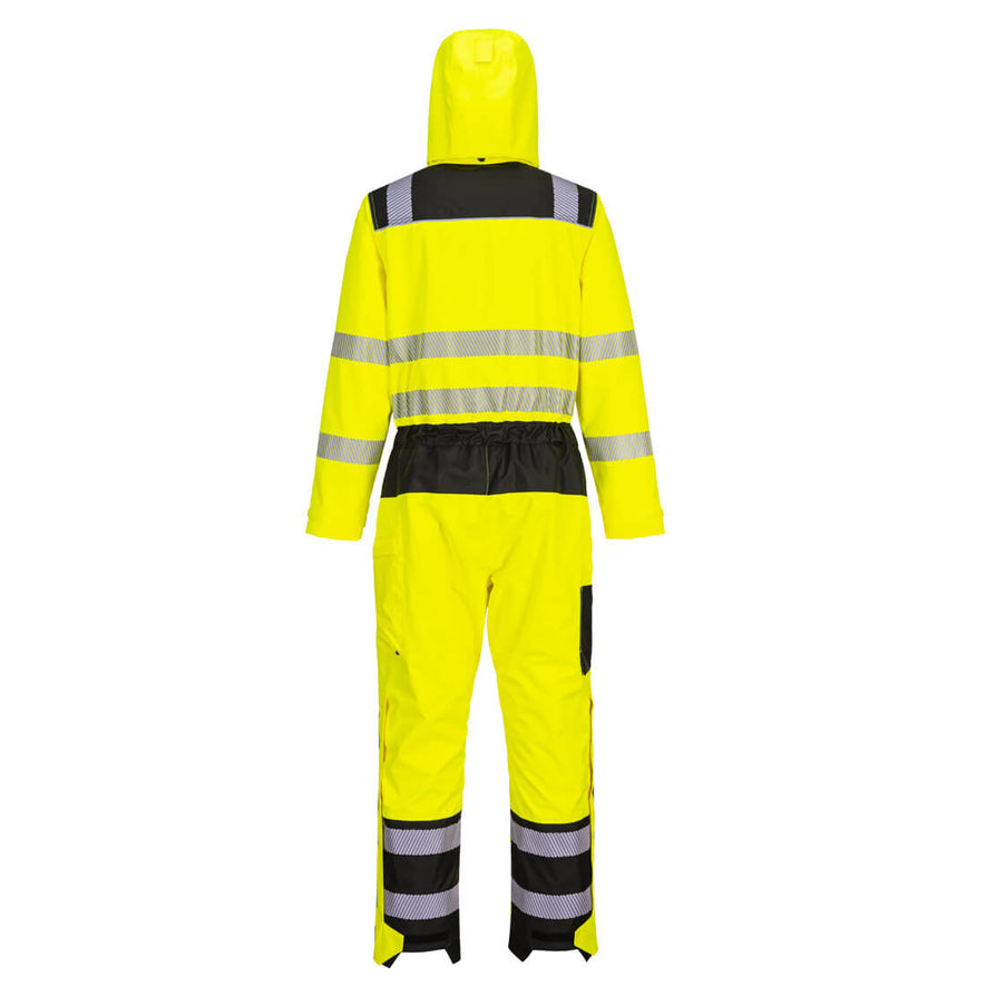 Back of Portwest PW3 Hi-Vis Rain Coverall in yellow with black panels on shoulders, waistband and ankles. With hood and reflective strips on shoulders, body, arms and legs. 