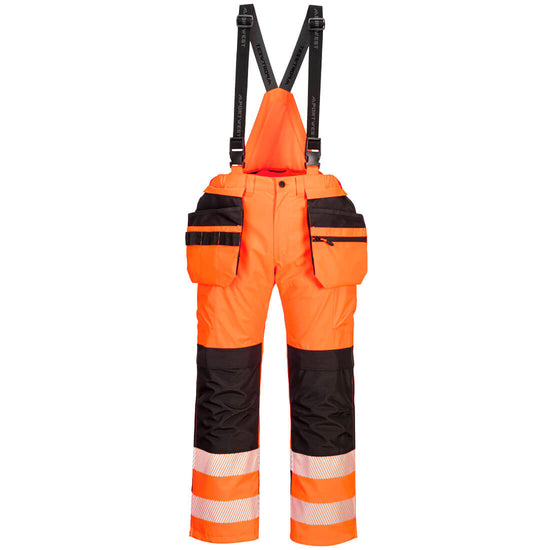 Portwest PW3 Hi-Vis Rain Trousers in orange with black panels on knees, pockets and straps over shoulders. Reflective strips on ankles and pockets on hips attached to waist band.