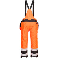 Back of Portwest PW3 Hi-Vis Rain Trousers in orange with black panels on waistband, ankles and straps over shoulders. Reflective strips on ankles and pockets on bottom and hips attached to waist band.
