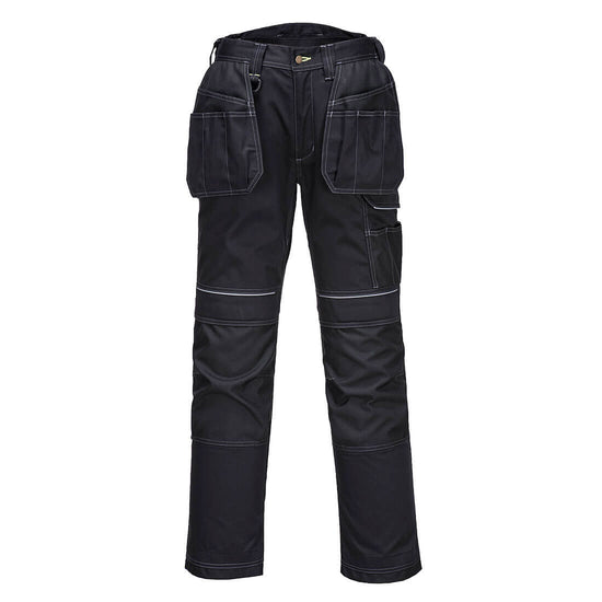 Portwest PW3 Lined Winter Holster Trousers in black with knee patches, side pockets and holster pockets. Button and zip fastening and belt loops on waistband.