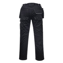 Back of Portwest PW3 Lined Winter Holster Trousers in black with two back pockets, side pockets and holster pockets. Belt loops on waistband.