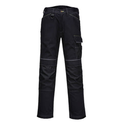 Portwest PW3 Lined Winter Work Trousers in black with knee patches, side pockets and hip pockets. Button and zip fastening and belt loops and D-ring on waistband.