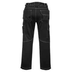 Back of Portwest PW3 Lined Winter Work Trousers in black with two back pockets and side pockets. Belt loops on waistband.